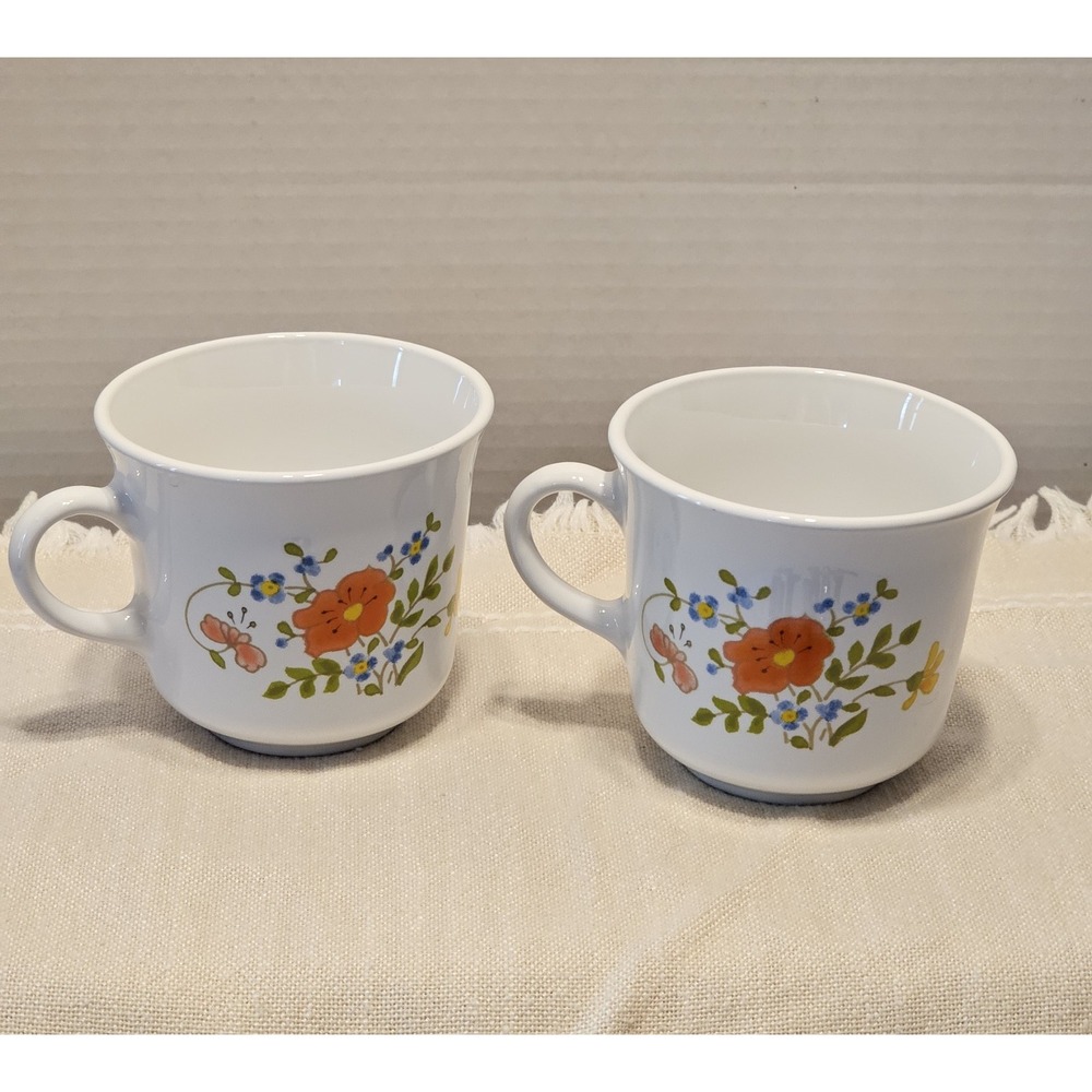 Vintage Corelle Tea Cups Wildflower Pattern 1970s White Glass
